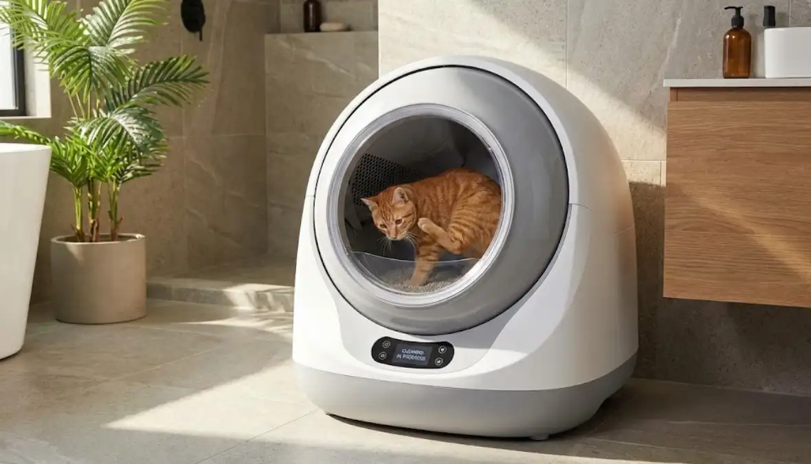 Gato mirando un arenero automático